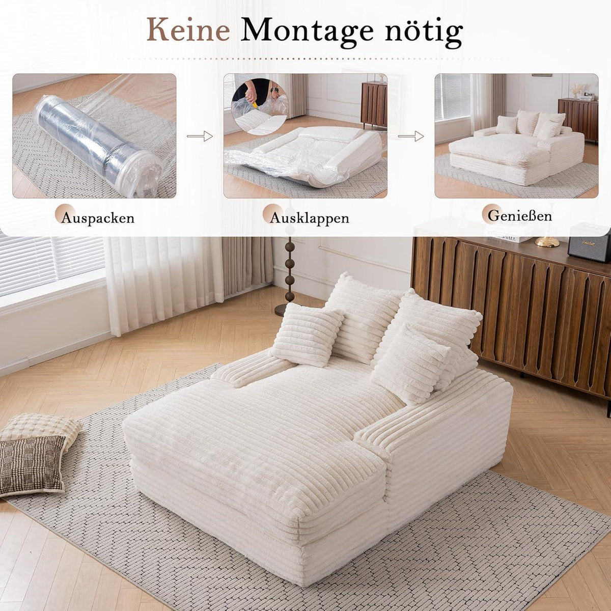 Cord Schlafsofa mit 4 Kissen – Ultraweiches Relaxsofa Beige
