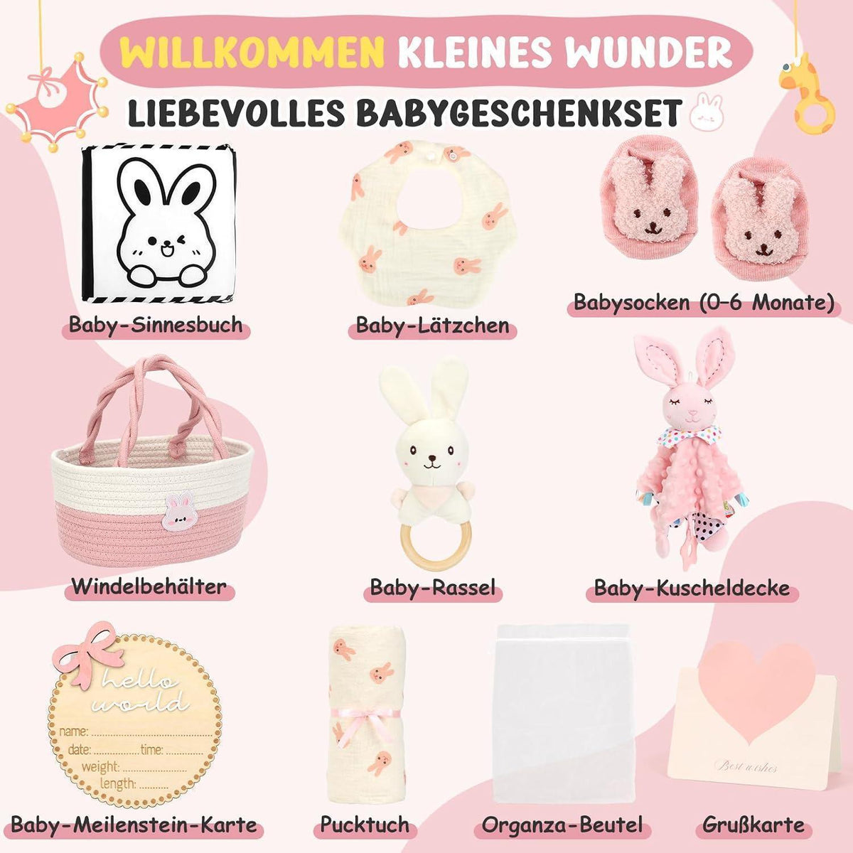 Baby Geschenkkorb Mädchen mit Hasen – Geschenkset zur Geburt