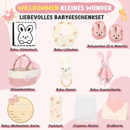 Baby Geschenkkorb Mädchen mit Hasen – Geschenkset zur Geburt