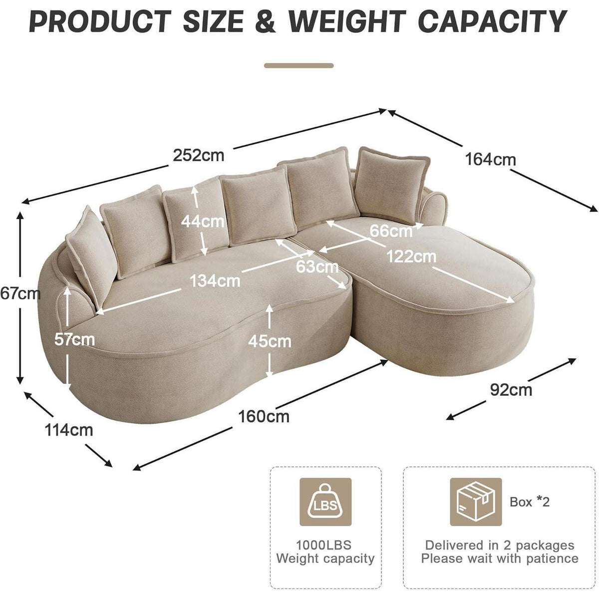 Modulares Chenille Sofa L-Form mit Chaiselongue – Hellbraun