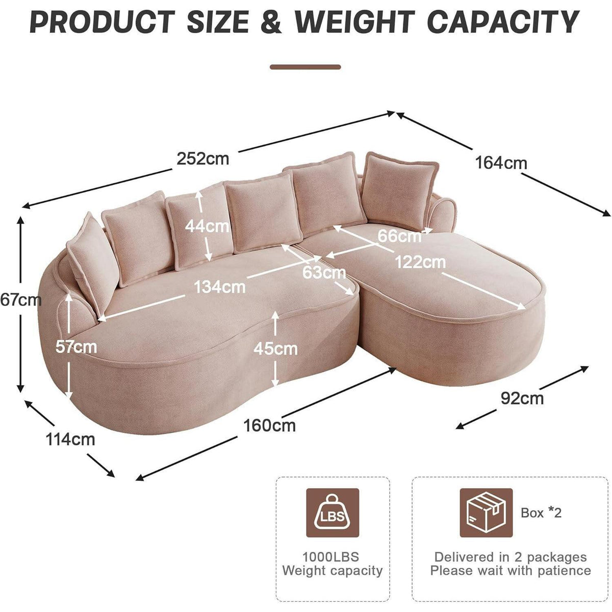 Modulares Chenille Sofa L-Form mit Chaiselongue & Kissen Rosa