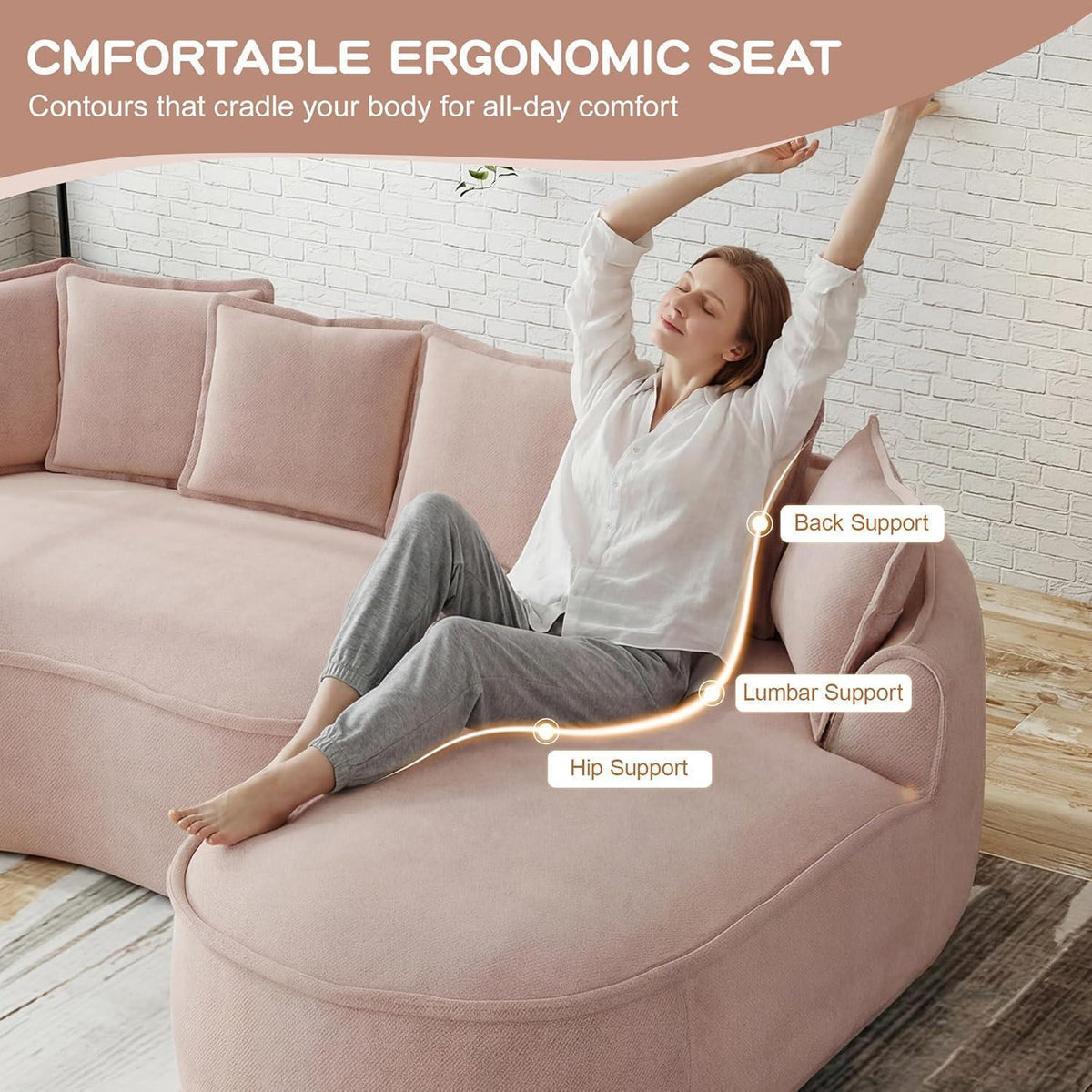 Modulares Chenille Sofa L-Form mit Chaiselongue & Kissen Rosa