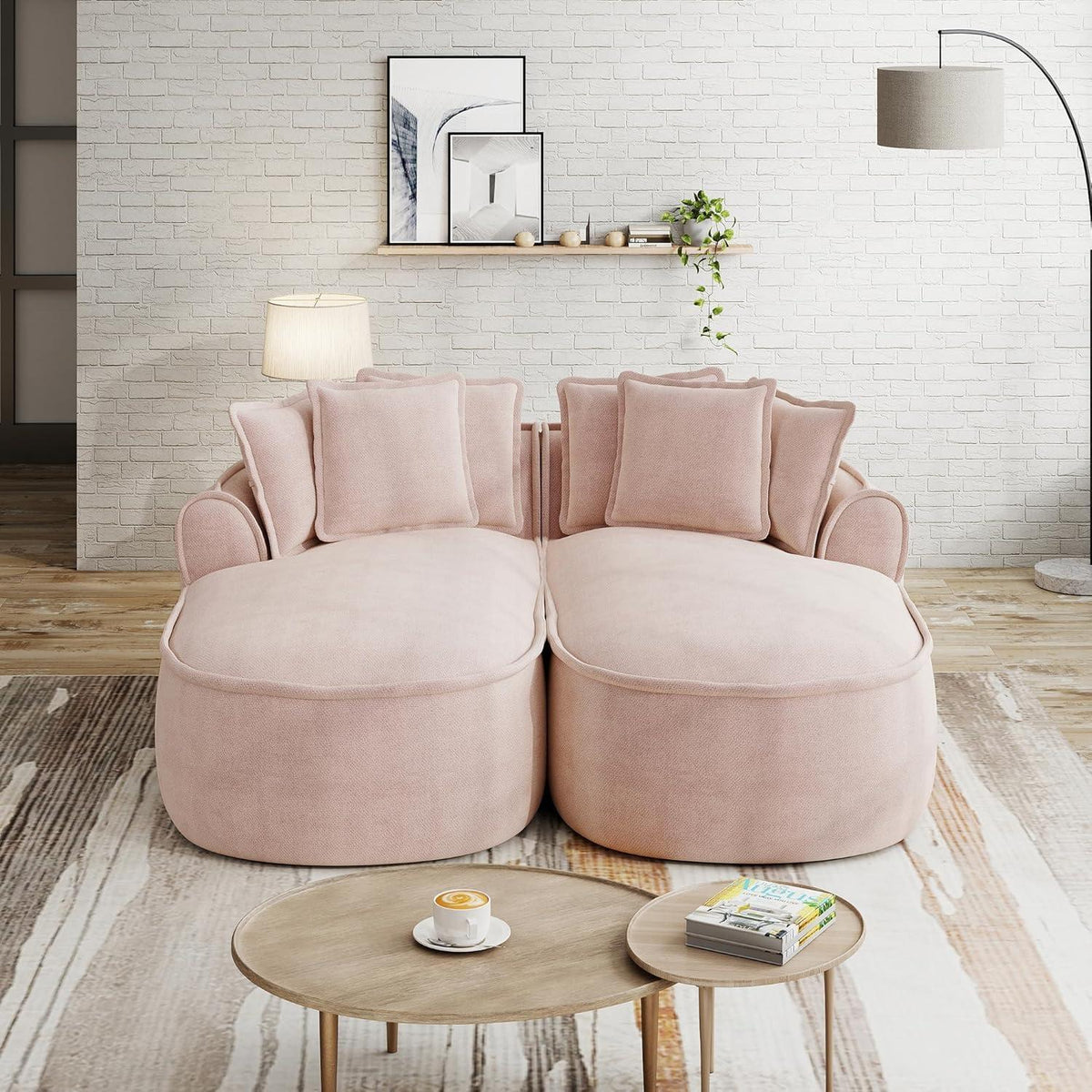 Modulares Chenille-Sofa 2-Sitzer mit Chaiselongue – Rosa