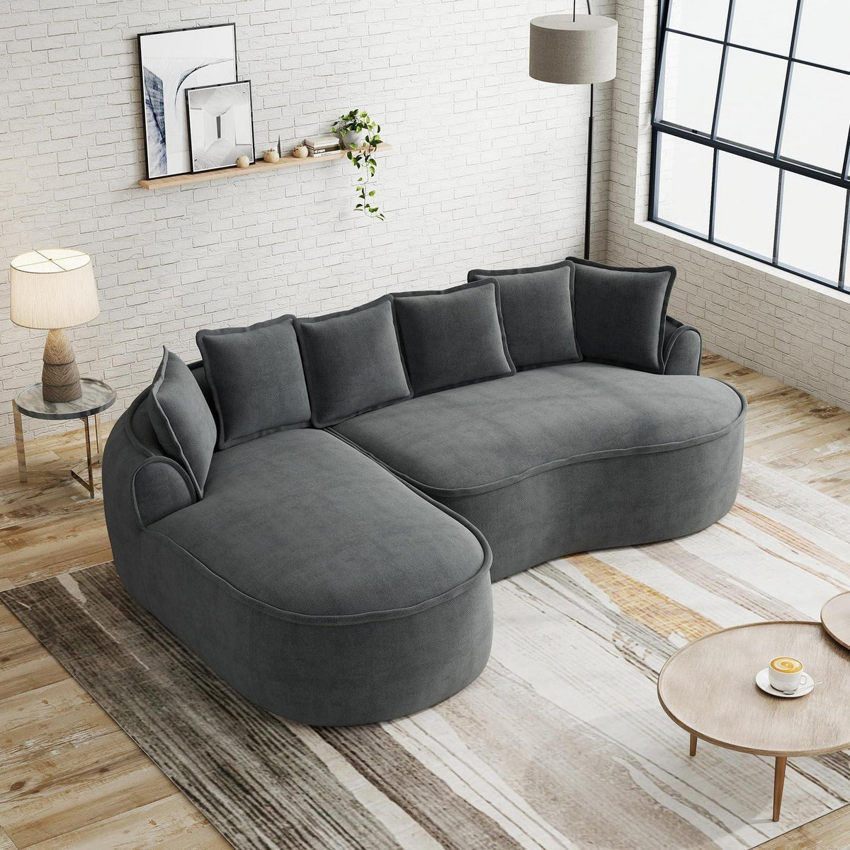 Modulares Sofa Grau | Chenille L-Form mit Chaiselongue & Kissen