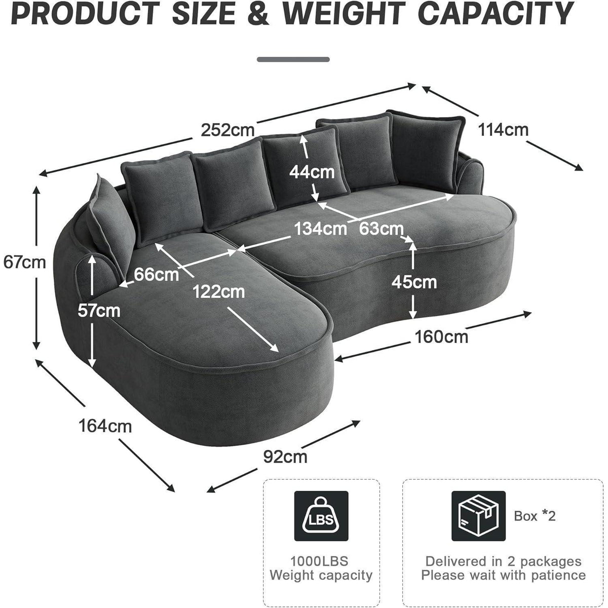 Modulares Sofa Grau | Chenille L-Form mit Chaiselongue & Kissen