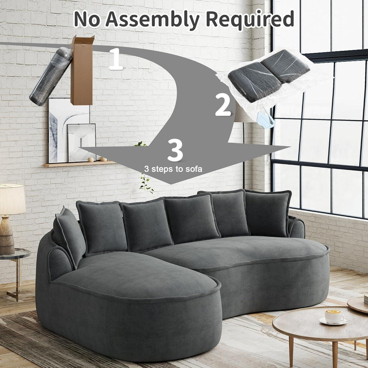 Modulares Sofa Grau | Chenille L-Form mit Chaiselongue & Kissen