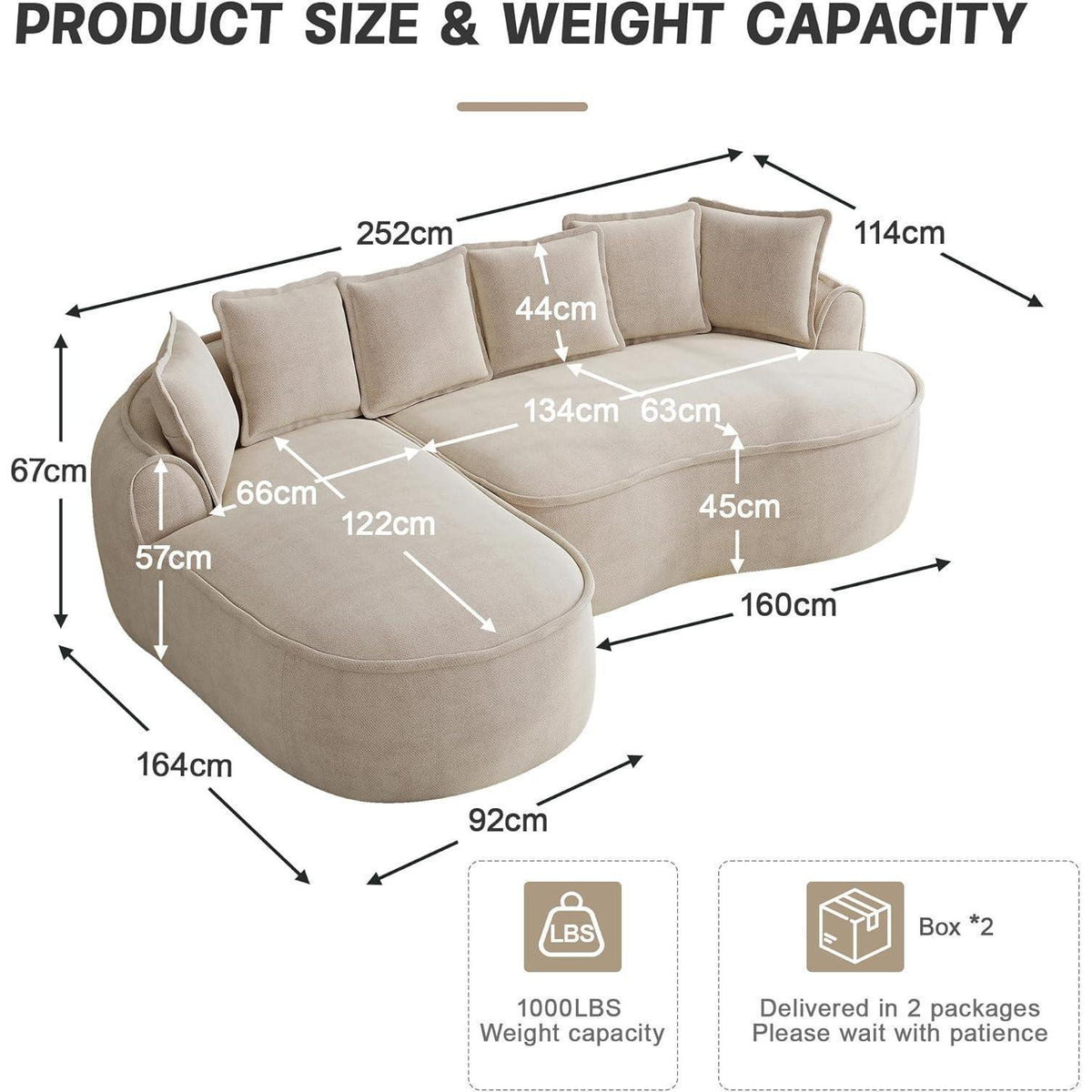 Modulares Chenille Sofa L-Form mit Chaiselongue & Kissen
