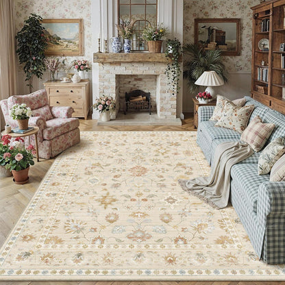 Waschbarer Teppich Wohnzimmer 200x300cm – Hellbeige & Beige Vintage Design