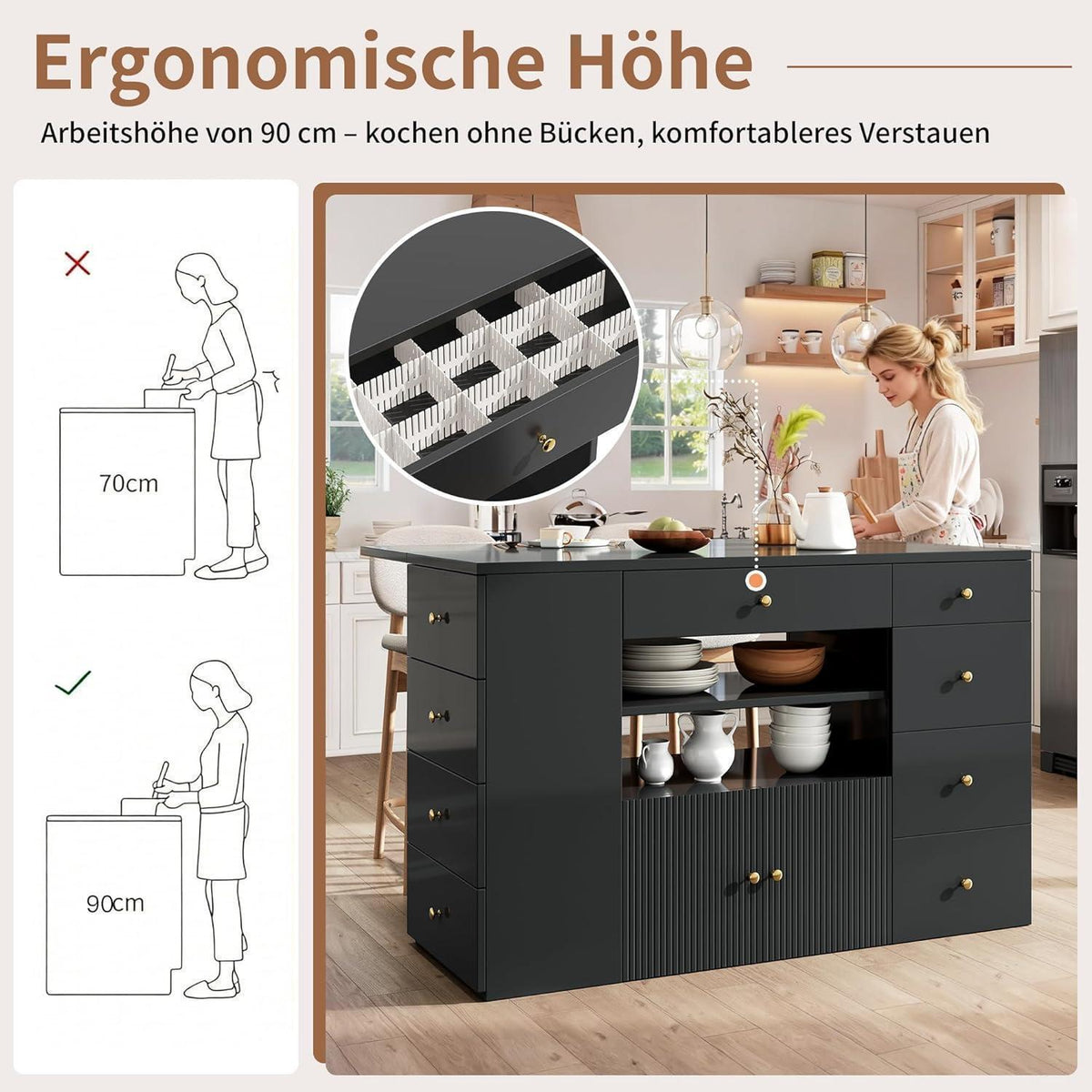 Mobile Kücheninsel Schwarz mit Stauraum & Hockern