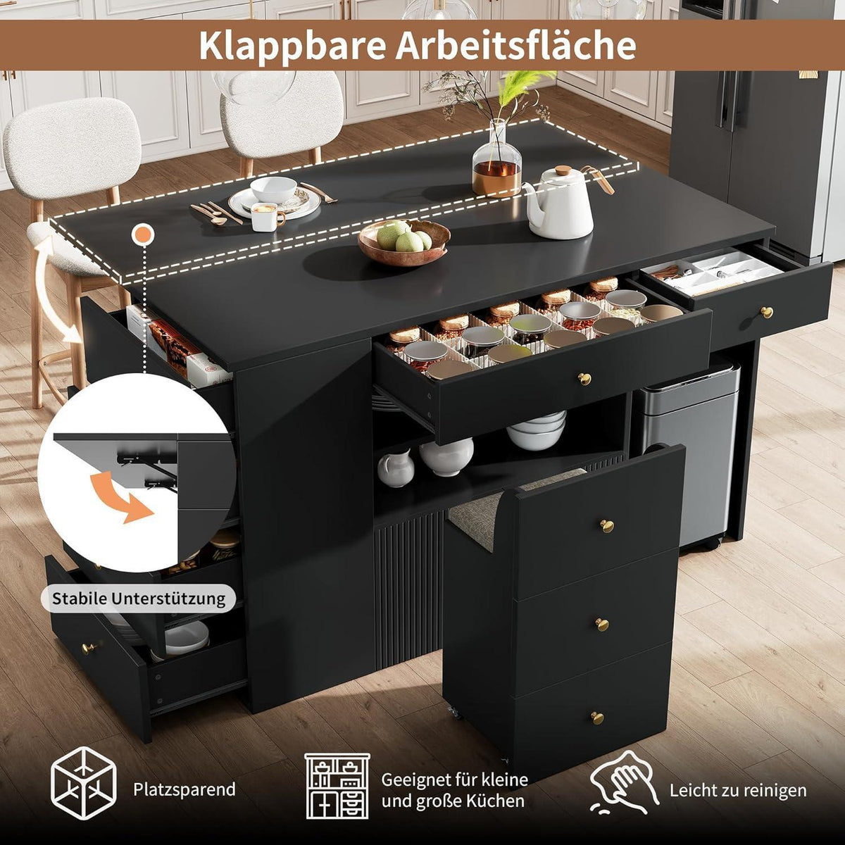 Mobile Kücheninsel Schwarz mit Stauraum & Hockern