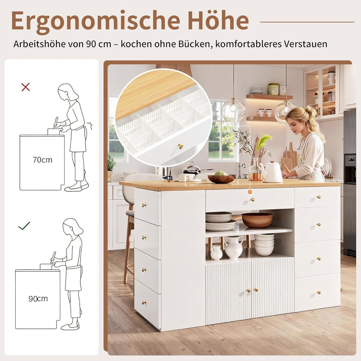 Bewegliche Kücheninsel Weiß mit Stauraum & Hocker