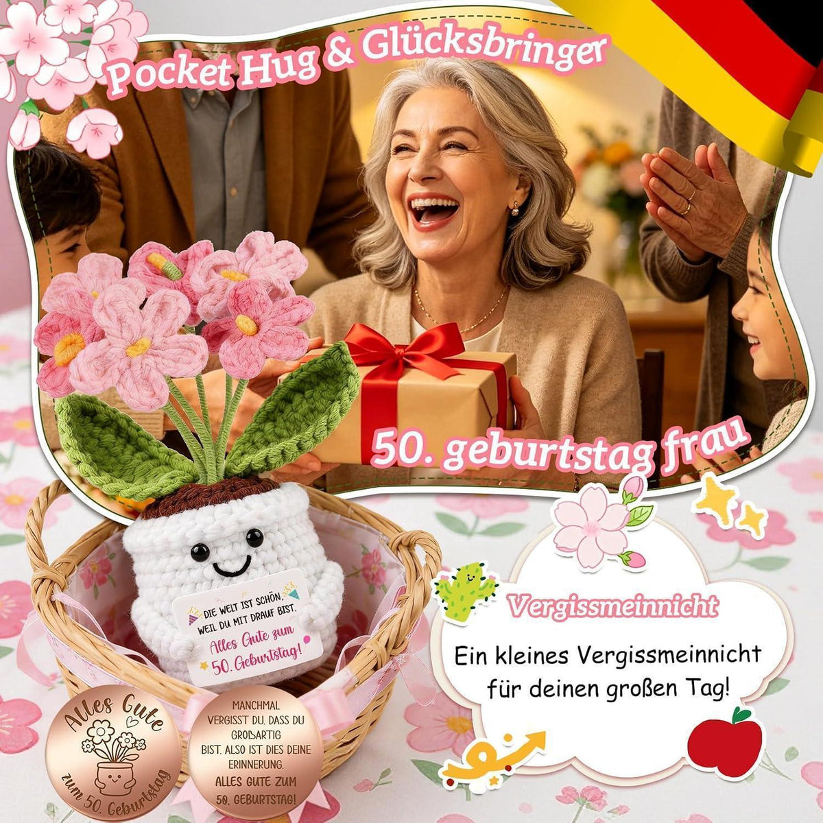 Geschenk 50. Geburtstag Frau - Pocket Hug Vergissmeinnicht