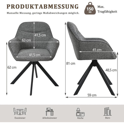 Drehbarer Esszimmerstuhl Set 6x Grau, Chenille Polsterstuhl mit Armlehnen