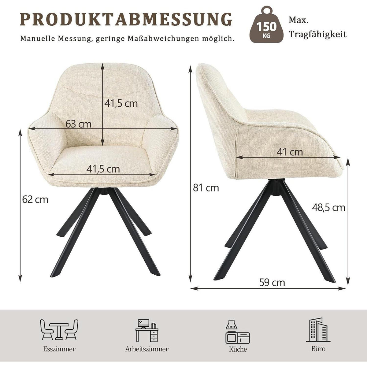 Drehbarer Esszimmerstuhl Set 6er – Cremeweiß, Chenille & Metall