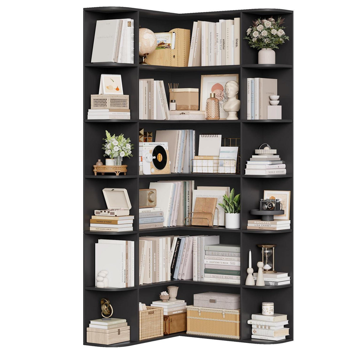 Eckregal L-Form Bücherregal 185 cm mit 6 Ebenen Schwarz