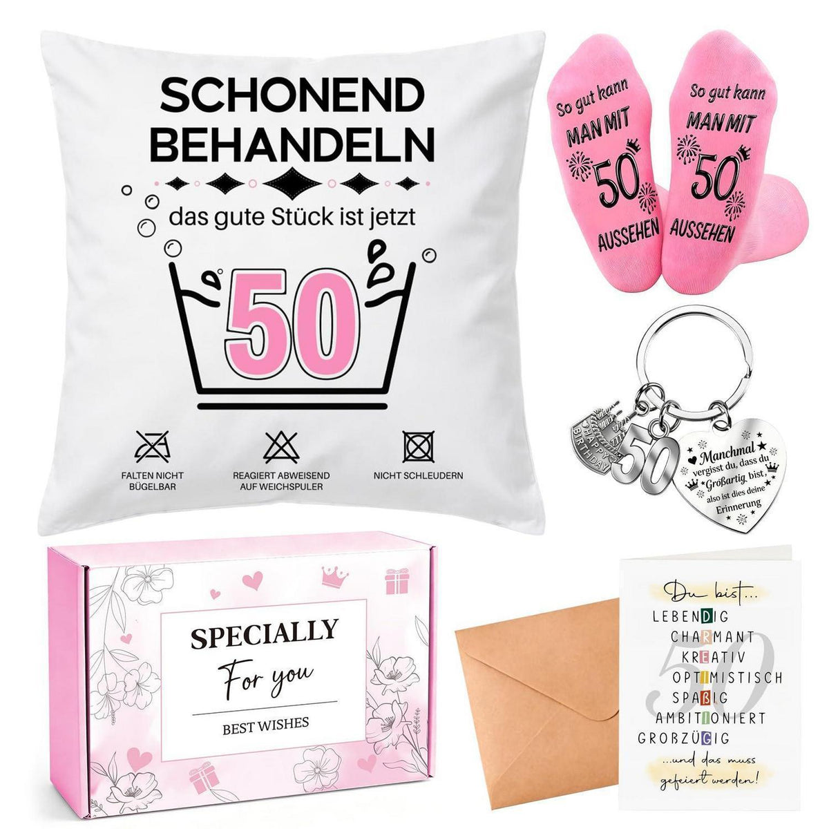 50. Geburtstag Geschenkset für Frau – Kissen, Socken, Schlüsselanhänger & Karte