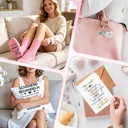 50. Geburtstag Geschenkset für Frau – Kissen, Socken, Schlüsselanhänger & Karte