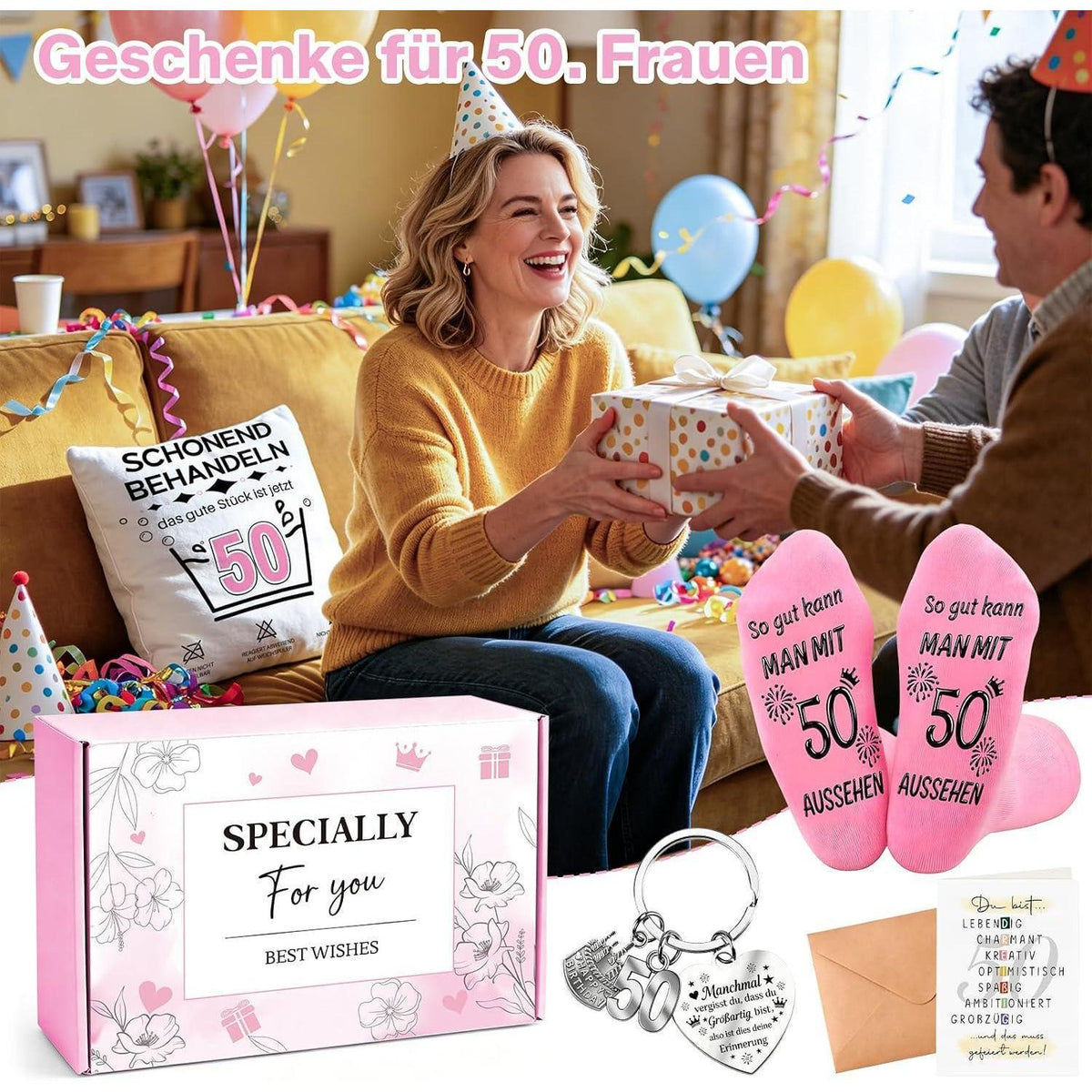 50. Geburtstag Geschenkset für Frau – Kissen, Socken, Schlüsselanhänger & Karte