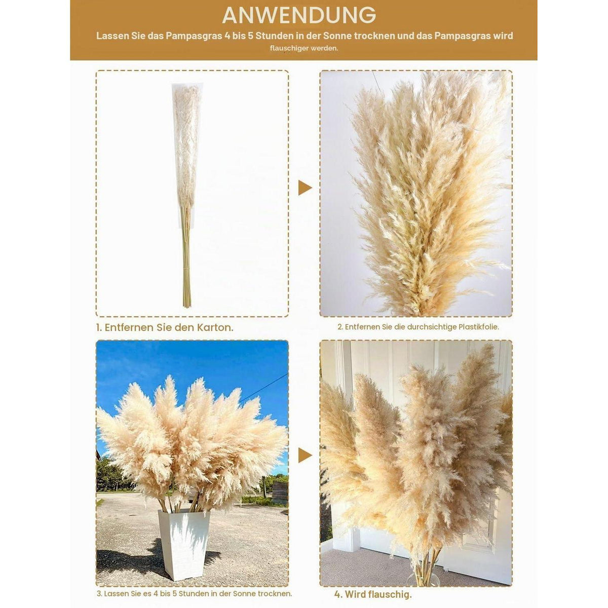 Pampasgras Groß 10er Set - 100cm Boho Deko für Zuhause