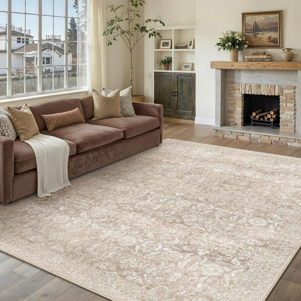 Vintage Teppich Beige 240x300cm Waschbar Rechteckig Wohnzimmer