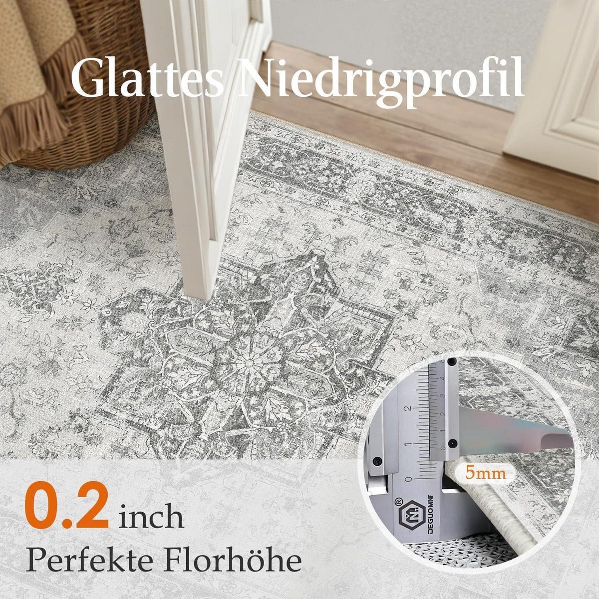 Vintage Teppich Grau 240x300cm Waschbar Rechteckig Wohnzimmer