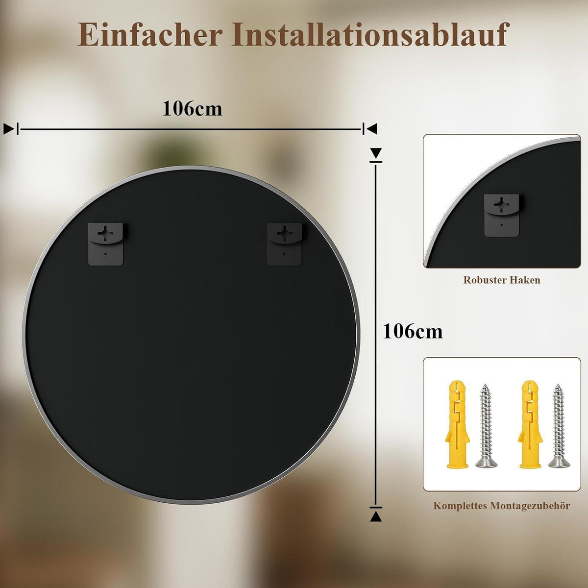 Runder Wandspiegel 106cm mit Silber Aluminiumrahmen