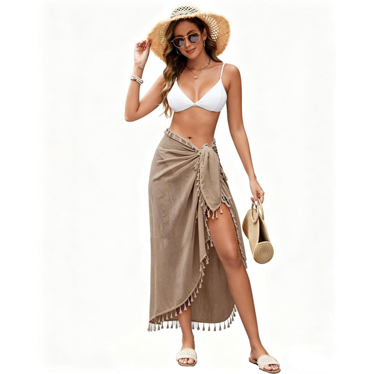 Sarong Damen Pareo Strandkleid Khaki Einheitsgröße