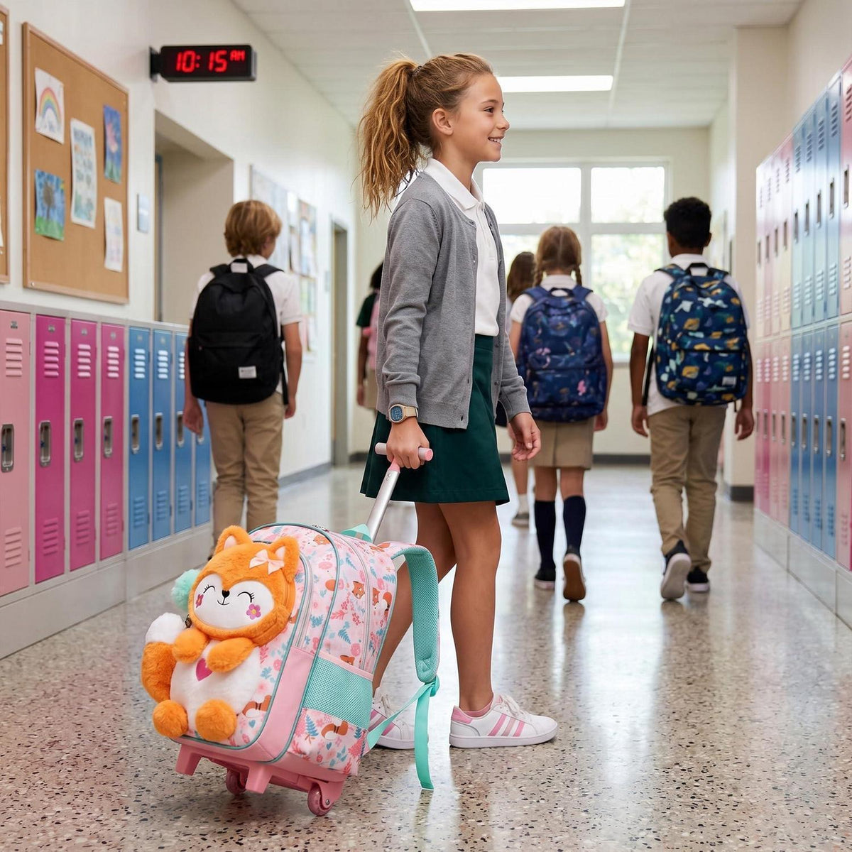 Schultrolley Mädchen Fuchs – Ergonomischer Rucksack mit Rollen & Zubehör