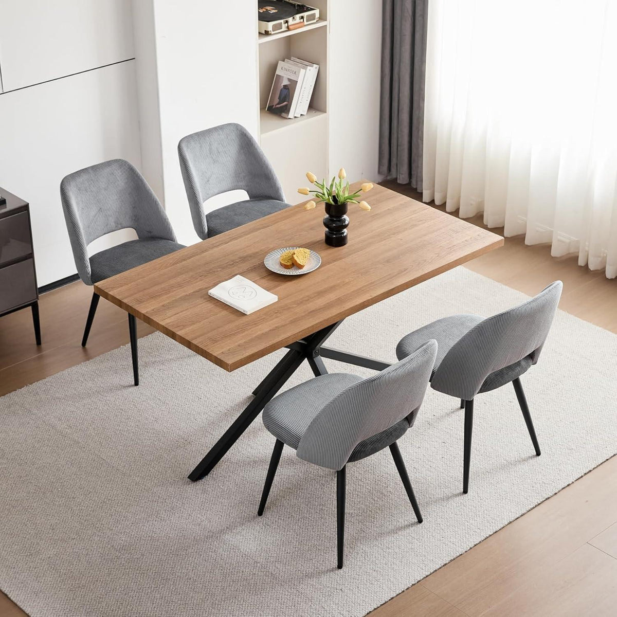 Moderner Esstisch Set mit 4 Cord-Stühlen (140x80cm)