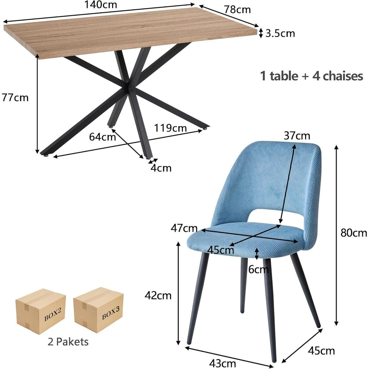 Moderner Esstisch Set mit 4 Cord-Stühlen (140x80cm)