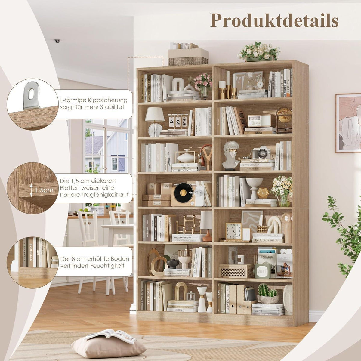 Bücherregal Eiche, 212 cm hoch, 14 Fächer – Standregal & Vitrine