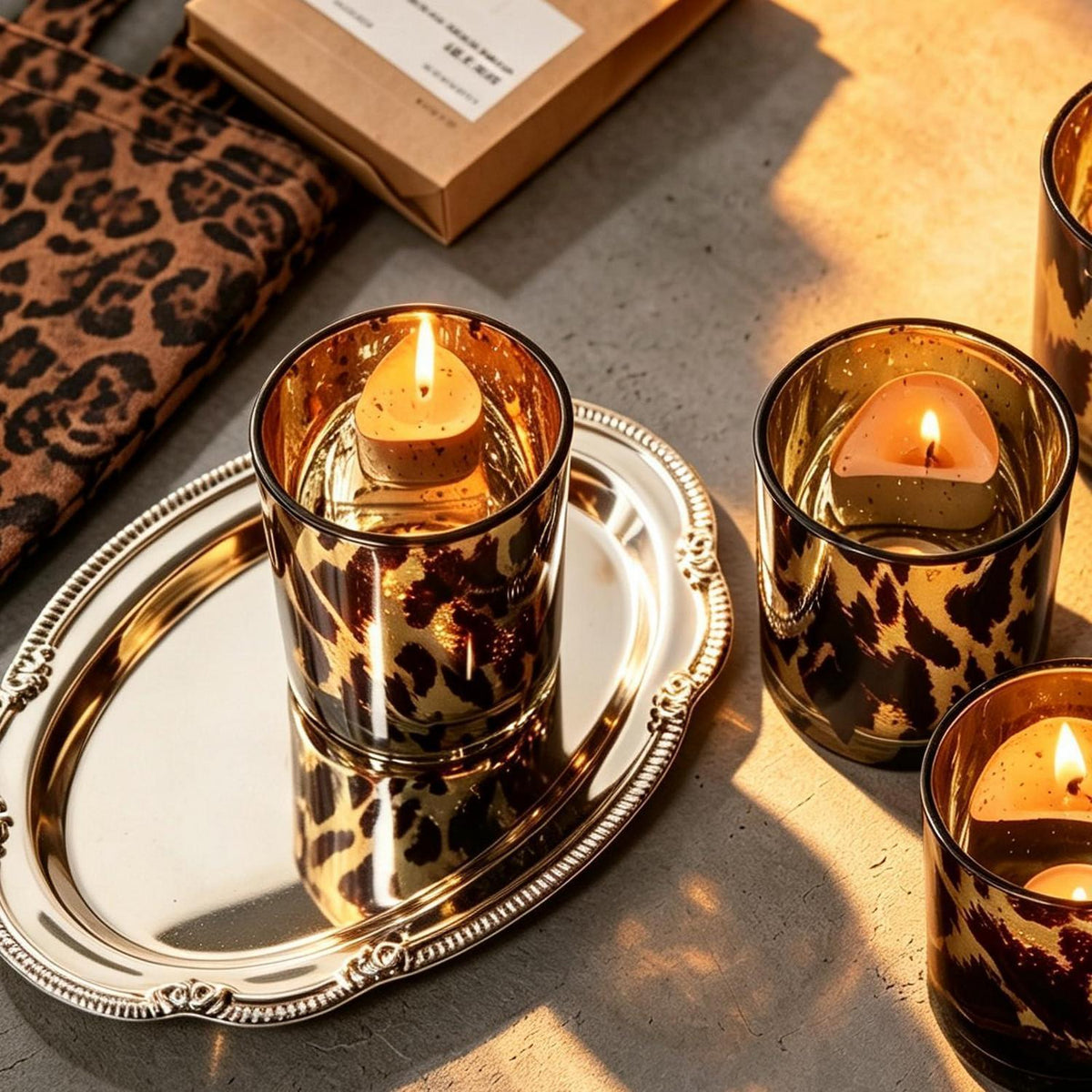 Teelichthalter Leopard 4er Set mit Goldrand