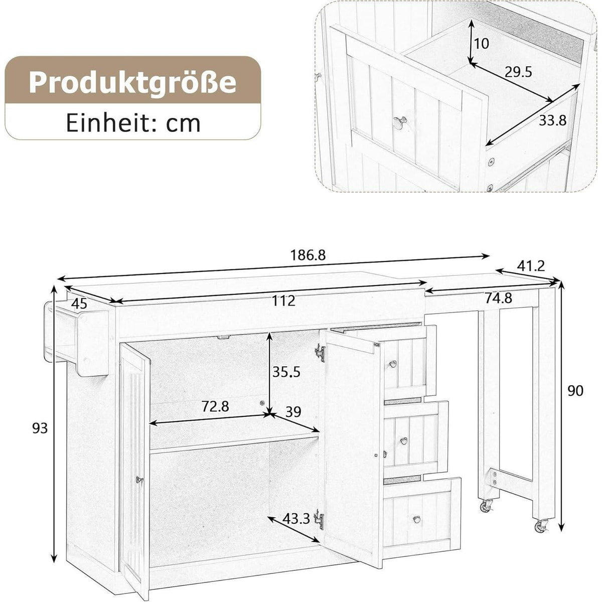 Mobile Kücheninsel mit Ausziehbarer Arbeitsplatte & Stauraum (Schwarz)