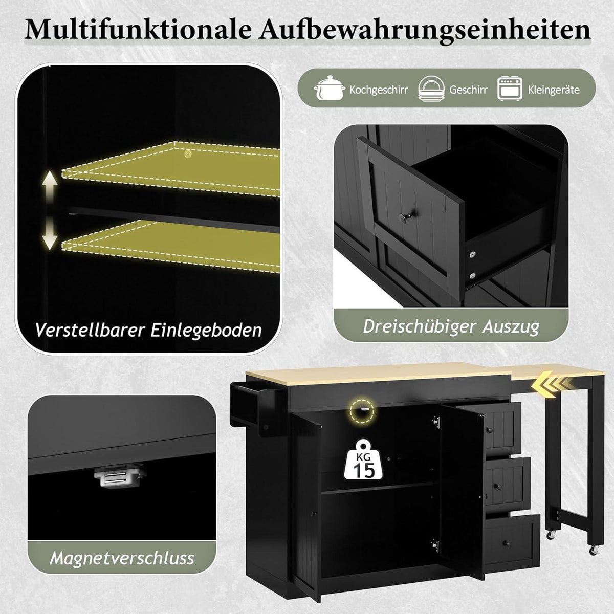 Mobile Kücheninsel mit Ausziehbarer Arbeitsplatte & Stauraum (Schwarz)