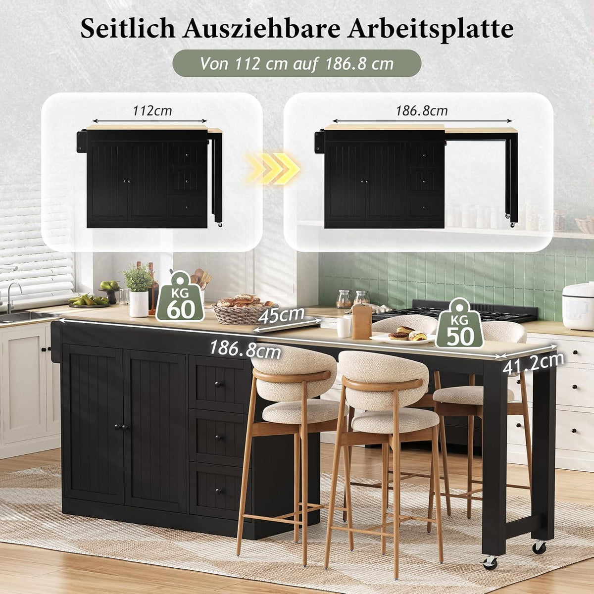 Mobile Kücheninsel mit Ausziehbarer Arbeitsplatte & Stauraum (Schwarz)