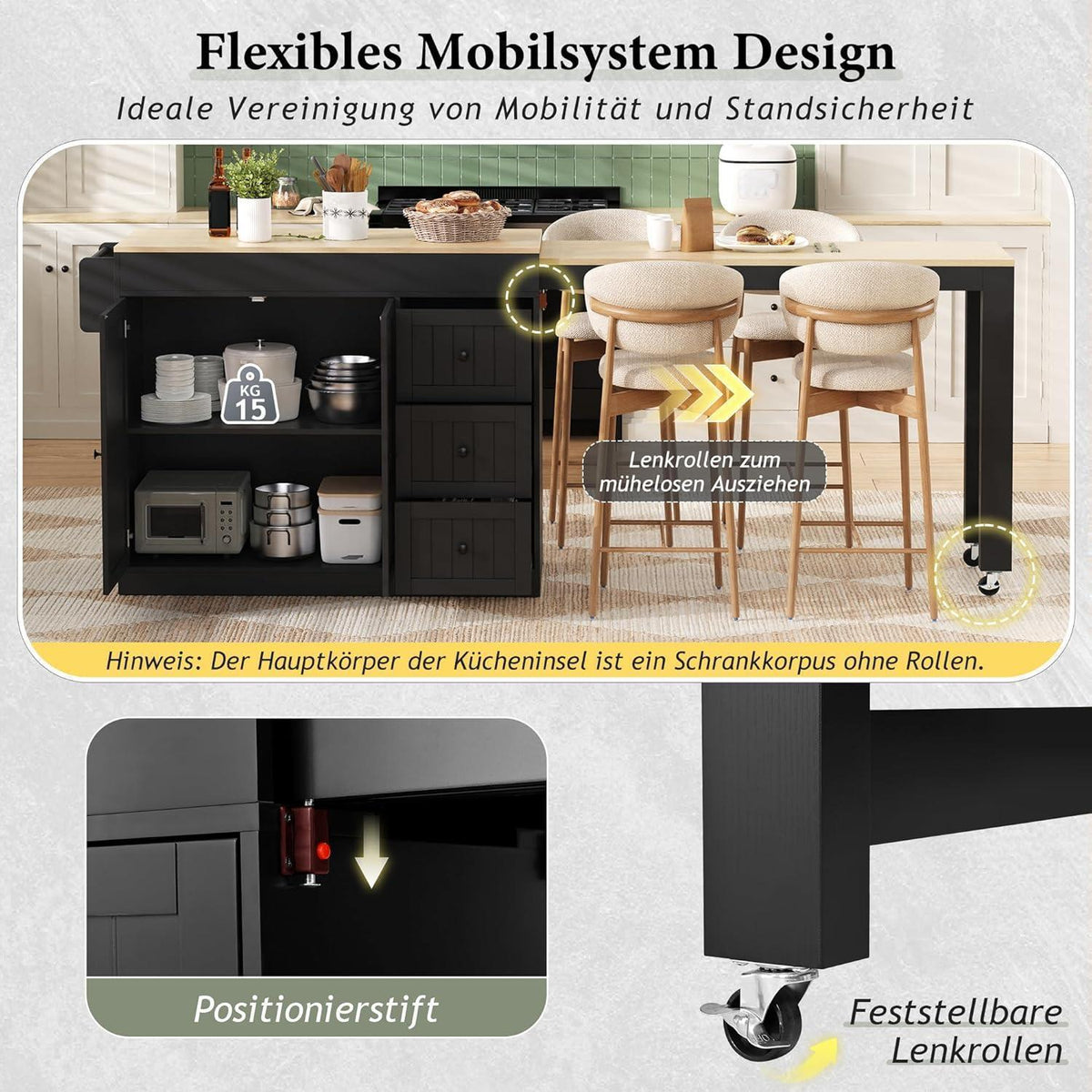 Mobile Kücheninsel mit Ausziehbarer Arbeitsplatte & Stauraum (Schwarz)
