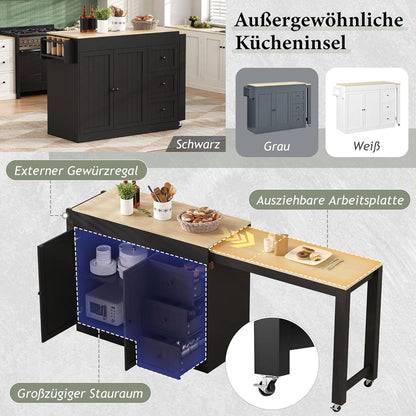 Mobile Kücheninsel mit Ausziehbarer Arbeitsplatte & Stauraum (Schwarz)