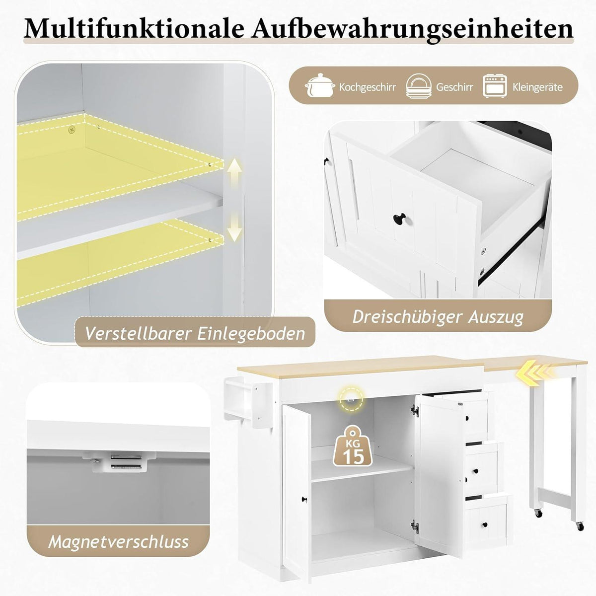 Mobile Kücheninsel mit Ausziehbarer Arbeitsplatte (Weiß)
