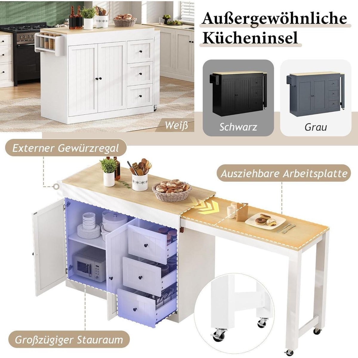 Mobile Kücheninsel mit Ausziehbarer Arbeitsplatte (Weiß)