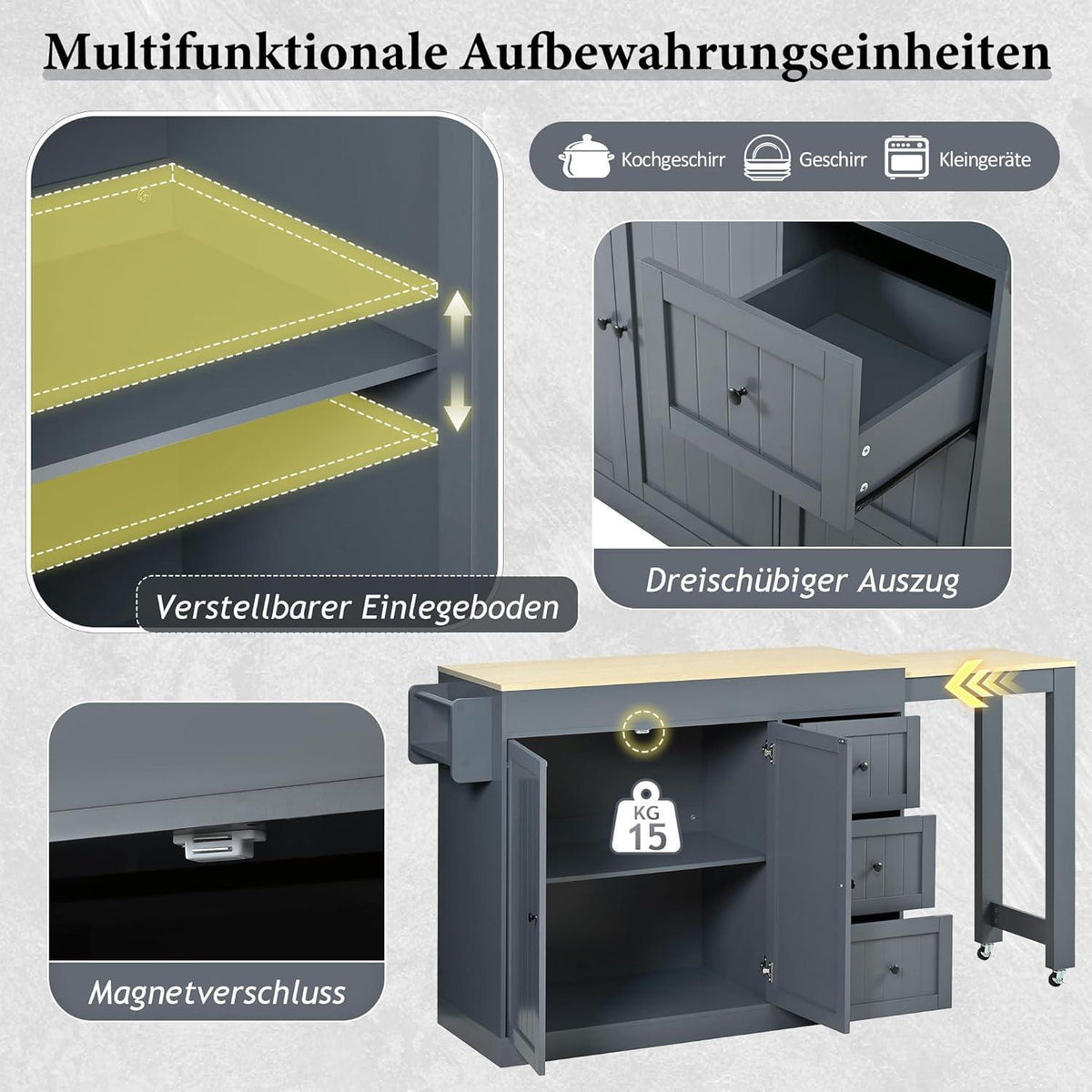 Mobile Kücheninsel mit Ausziehbarer Arbeitsplatte & Stauraum (Grau)