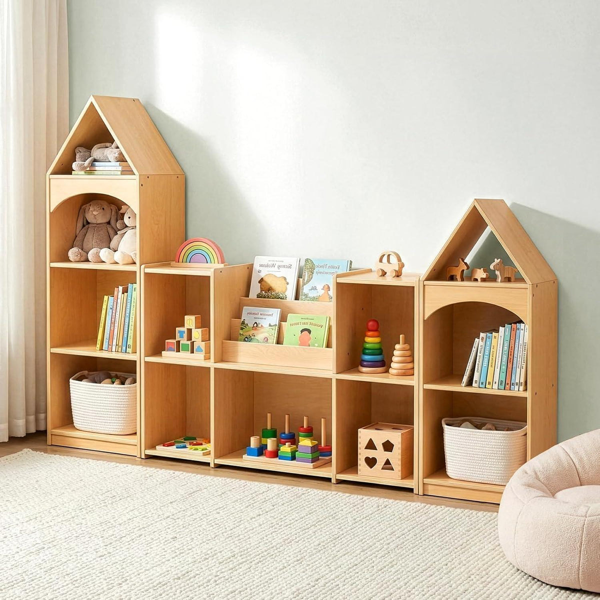 Kinderregal 3 Etagen Hausform | Holz Spielzeugaufbewahrung