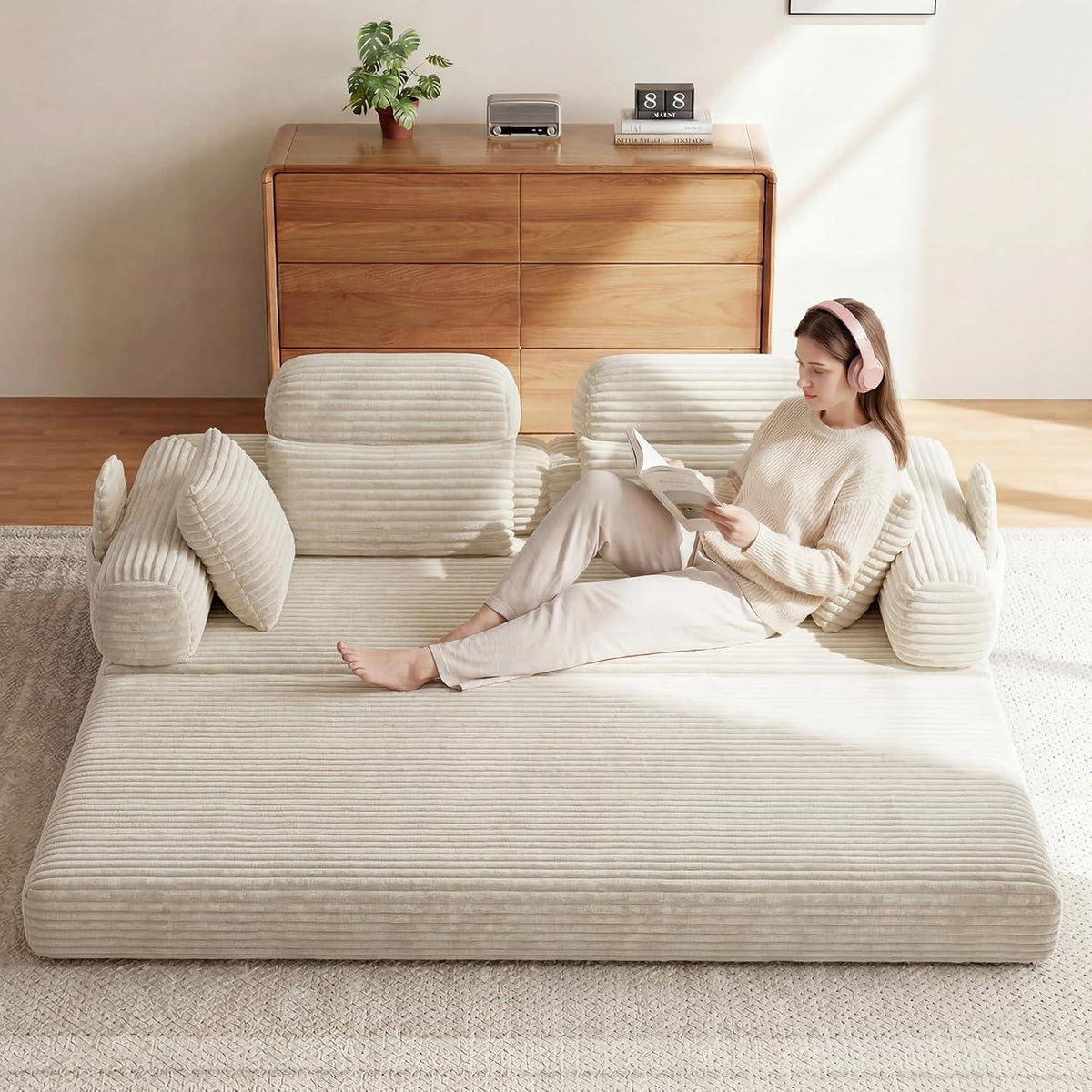 Schlafsofa 200cm Cord Beige – Komfortables Bett mit Kopfstütze