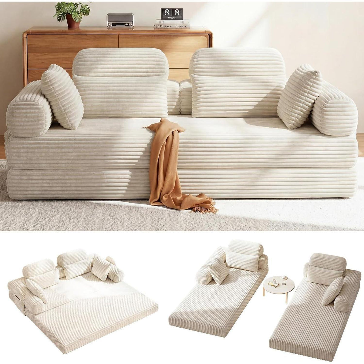Schlafsofa 200cm Cord Beige – Komfortables Bett mit Kopfstütze