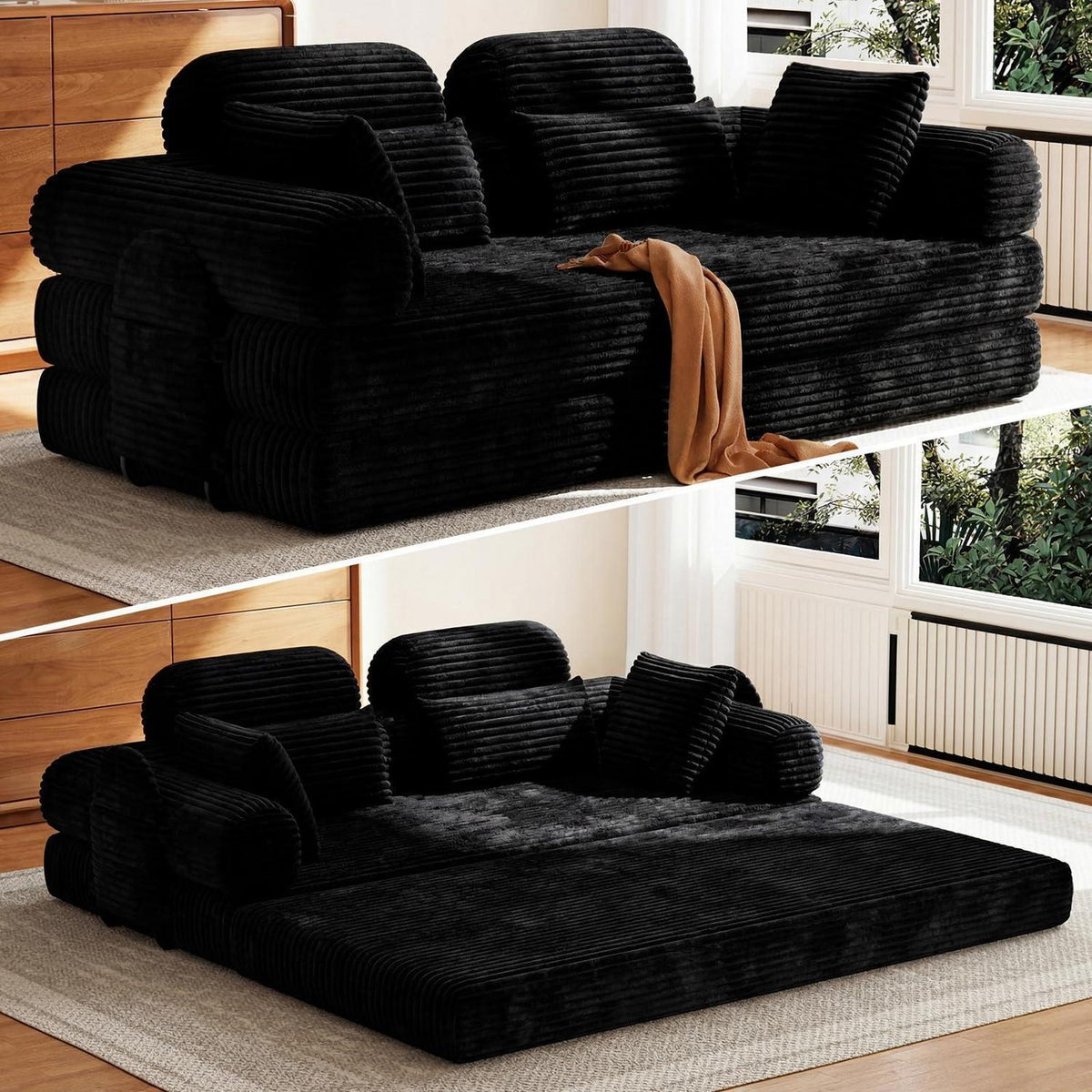 Schlafsofa 200cm mit Cordbezug & Kopfstütze – Schwarz
