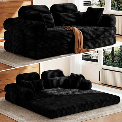 Schlafsofa 200cm mit Cordbezug & Kopfstütze – Schwarz