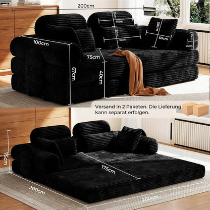 Schlafsofa 200cm mit Cordbezug & Kopfstütze – Schwarz