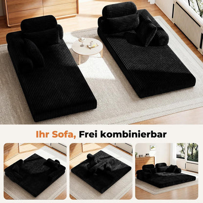Schlafsofa 200cm mit Cordbezug & Kopfstütze – Schwarz