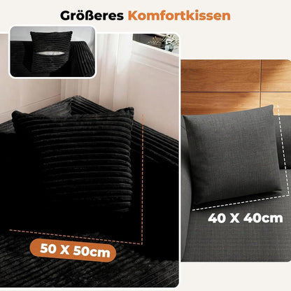 Schlafsofa 200cm mit Cordbezug & Kopfstütze – Schwarz