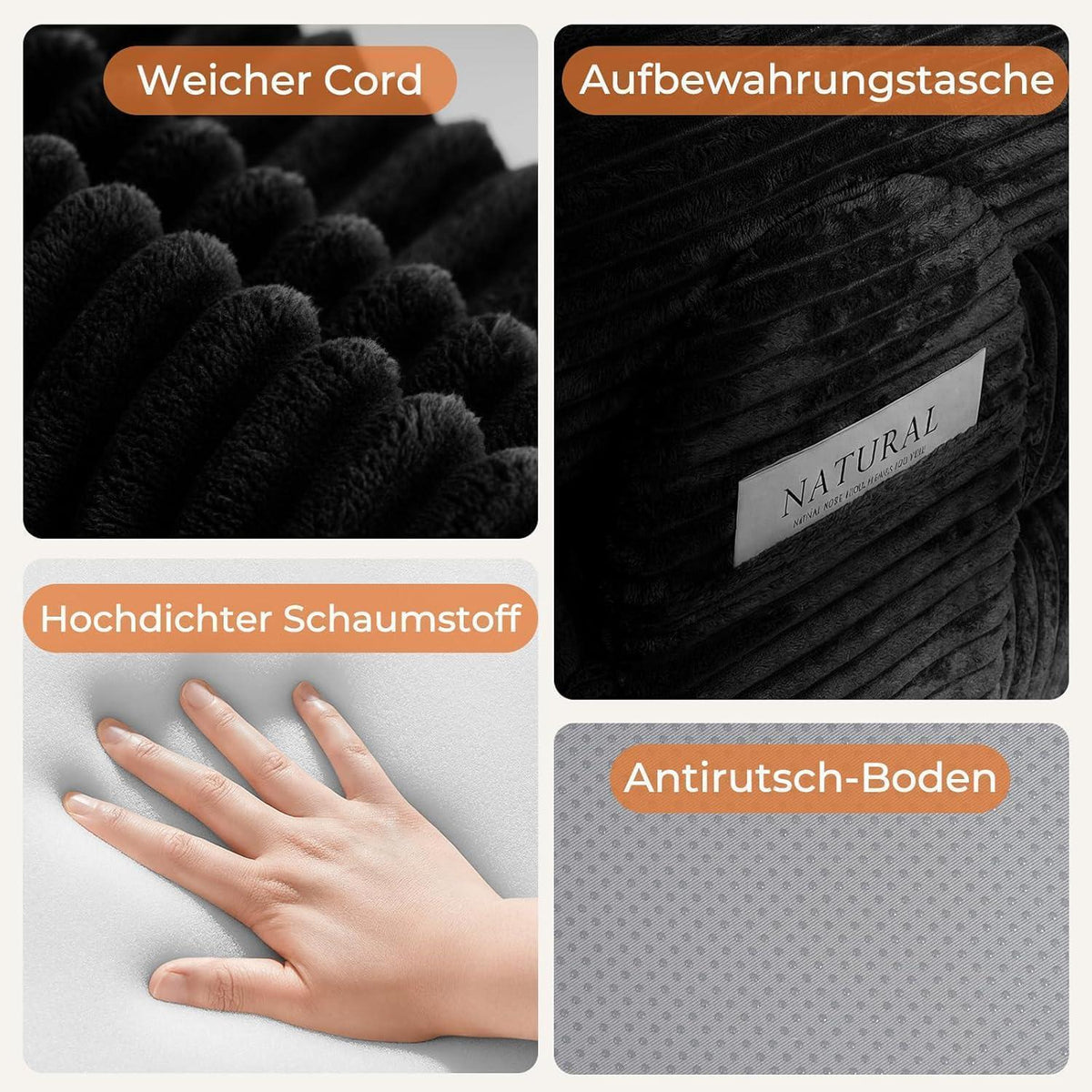 Schlafsofa 200cm mit Cordbezug & Kopfstütze – Schwarz