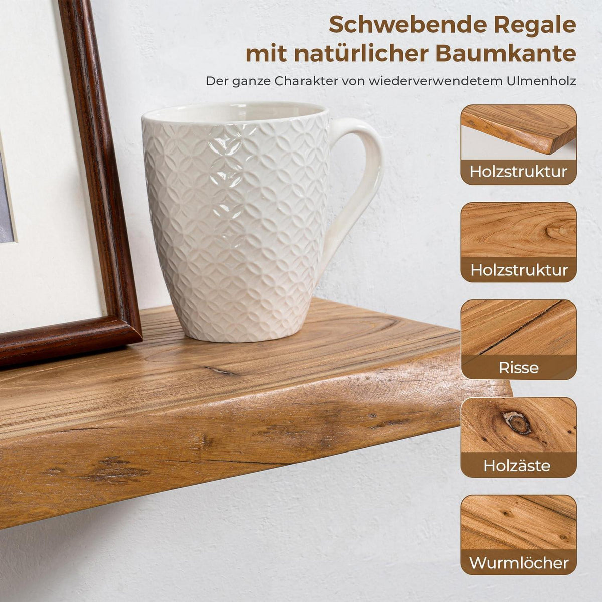 Schweberegal 2er Set mit Baumkante aus recyceltem Ulmenholz